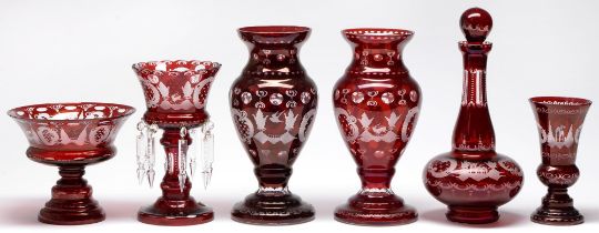 A pair of Egermann ruby cut glass vases, 33cm h, decanter and stopper, footed bowl, lustre vase