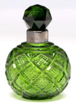 Liberty & Co. A Victorian silver mounted cut green glass scent bottle and faceted stopper, 11cm h,