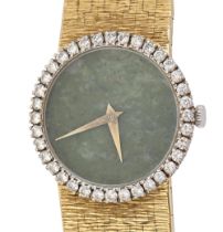 A Piaget diamond and 18ct gold cocktail watch, with numberless nephrite dial, textured bracelet,