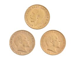 Gold coins. Half sovereign 1906, 1910 and 1912 (3)