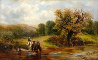 George Turner (1841-1910) - Crossing the Ford, signed, signed again , inscribed with the title and