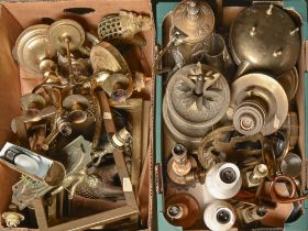 Miscellaneous brass and other metal ware, including lamps, light fittings, a set of four picture