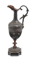 A French ornamental bronze ewer, late 19th c, red and brown patina on slate foot, 26cm h Good