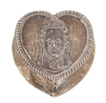 A Victorian heart shaped silver box and cover, die stamped with Charley's Aunt, 55mm l, by