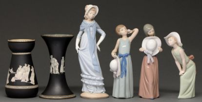 Three Lladro figures of young women, a Nao figure and two Staffordshire Etruscan style earthenware