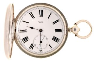 A Swiss silver hunting cased lever watch, Piquerez Geneva, c1900, engine turned, 51mm diam Slight