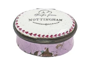 A South Staffordshire enamel patch box, c1780, the lid inscribed A Trifle from Nottingham in puce