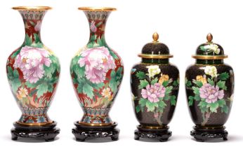 Two pairs of cloisonne vases on stands, mid 20th c, 31cm h and smaller Both still with original