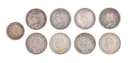 Silver coins. United Kingdom crown 1889, 1890 (2), 1891, 1935 and 1937 (3) and half crown 1937 (9)