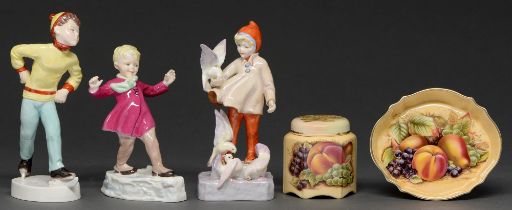 Three Royal Worcester figures of children and two Aynsley fruit decorated items, late 20th c,