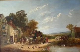 English School, mid 19th c - The London to York Mail Coach at a Country Inn, with signature Edward