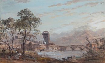 Paul Sandby RA (1725-1809) - A River Landscape with Goatherd, a Town Beyond, pencil and gouache,