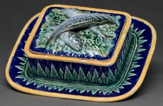 A Staffordshire majolica sardine box and cover, c1880, 22cm l Localised flaking of glaze around