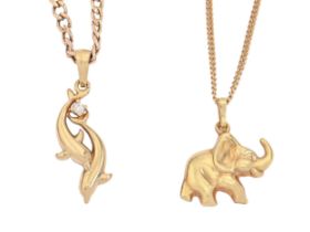 Two gold necklets and gold elephant and dolphins pendants, various sizes, 9ct or marked 9kt,