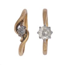 A gold ring shank, marked 18ct and a white stone ring in gold marked 18ct, size K, L, 4.4g Worn