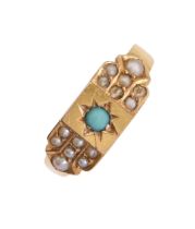 A Victorian turquoise and split pearl ring, gypsy set in 15ct gold, Birmingham 1890, 2.2g, size K
