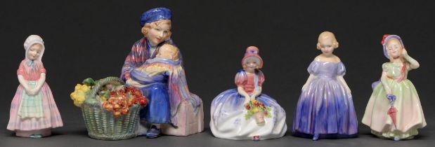 A Royal Doulton bone china figure of Curly Knob and four figures, various sizes, printed marks Two