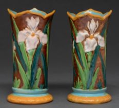 A pair of Victorian majolica spill vases, c1880, moulded with irises, the interior turquoise, 13.5cm