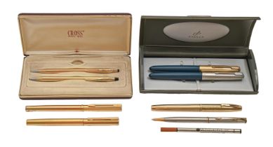 Two Parker fountain pens, a Cross gold plated pen and pencil set, a Waterman gold plated pen and