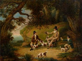 Attributed to Dean Westenholme (1757-1837) - Three Sportsmen and their Spaniels at the edge of a