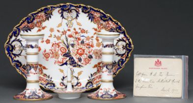 Royal interest. A Royal Crown Derby Japan pattern dressing table tray and a pair of matching T A and