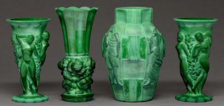 Two and a pair of malachite glass vases, moulded with figures or roses, 25cm h and circa Good