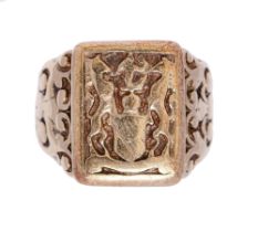 A gold pseudo armorial signet ring, marks rubbed, 12.7g, size U Scratches and wear