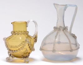 A Venetian semi-opalescent glass ewer, late 19th c, with trailed decoration, 21cm h and a