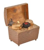 A French novelty travelling calf leather and brass inkwell as a basket, c. 1875, push-button