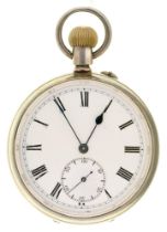 A silver keyless lever watch, with three quarter plate movement, silver cuvette, 51mm diam,