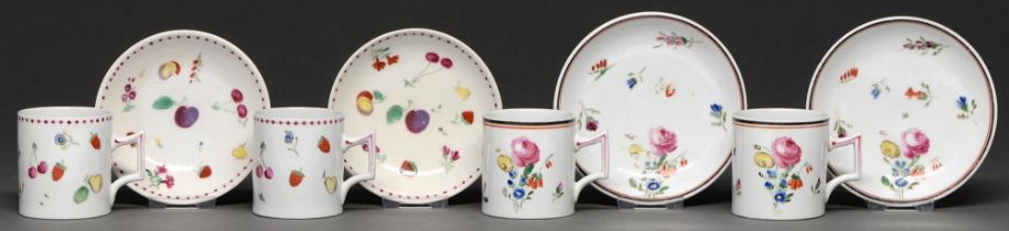 A pair of Doccia coffee cans and saucers, late 18th c, painted with floral sprigs in polychrome