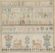 A George IV wool sampler, Eliza Maddocks aged 13 years 1830, worked with lions, plants and letters