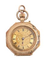 A Swiss gold and enamel keyless cylinder octagonal lady's watch, c1910, with engraved dial, the back