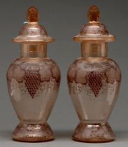 A pair of enamelled crisselled glass vases and covers, early 20th c, painted with grapes, 40cm h