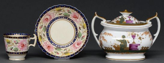 A Peover bone china sucrier and cover, 1818-22, painted in the chinoiserie taste in tones of puce