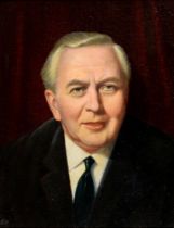 Margaret N Barker, 20th c - Portrait of Harold Wilson, signed with initials, oil on board, 48 x 36cm