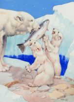 George Ernest Studdy (1878-1948) - A Polar Bear Feeding its Cubs a Fish, probably a design for a