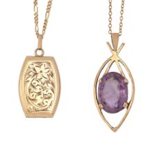 An amethyst pendant, in 9ct gold, 34mm h, London 1977, a 9ct gold tonneau locket and two gold