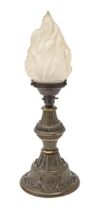 A stamped and lacquered brass oil lamp, c1900, adapted for electricity, with glass flambeau shade,