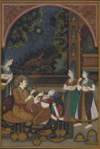 Indian School, 20th c - Boudoir Scenes with a Mughal Price, Consort and Female Attendants, ink and