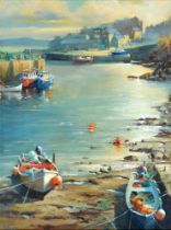 Annemarie Bourke (1957 - ) - Fishing Boats in the Harbour, signed, oil on canvas board, 39 x 29.