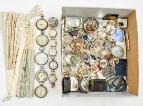 Miscellaneous costume jewellery, pocket watches, wristwatches, coins and banknotes, etc