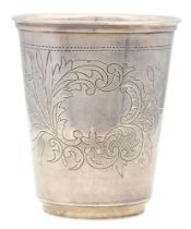 A Russian silver beaker, late 19th c, Cyrillic makers and town marks, 85mm h, 3ozs Tiny dent and