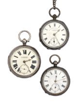 Three silver lever watches, late 19th c, various sizes, one with silver watch chain attached Typical