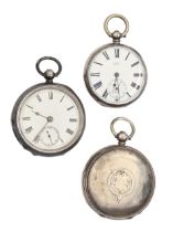 Two English silver open faced and hunting cased lever watches and a smaller Swiss silver lever