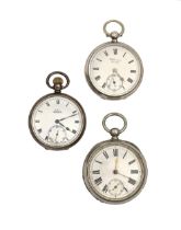 Two silver lever or keyless lever watches and a contemporary larger nickel plated watch, c1900,