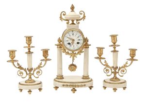 A Louis XV style marble and gilt-metal clock garniture, 20th c, the clock with white enamel convex