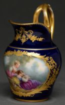 A French porcelain baluster cabaret jug, 19th c, painted with 18th c ladies, blue royale ground with