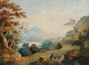 Follower of John Varley - Mountainous Landscape with Travellers on a Winding Road, watercolour, 28.5
