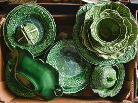 A set of six Wedgwood majolica sunflower dishes, a Copeland two handled dish and similar other ware,